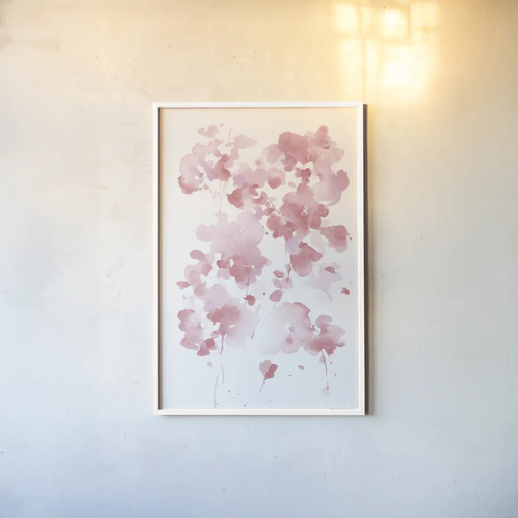 Cascading Petals I Pink by Danhui Nai. shown as a paper print in a white frame. Available as a archival giclee rolled canvas, fine art paper, or poster print. SKU 74158h.