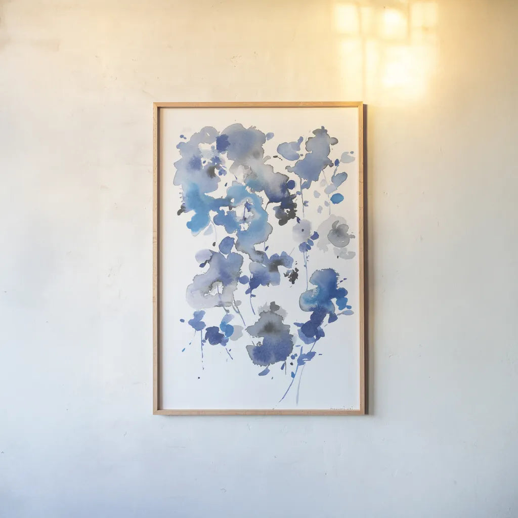 Cascading Petals II by Danhui Nai. shown as a paper print in a natural frame. Available as a archival giclee rolled canvas, fine art paper, or poster print. SKU 68222h.