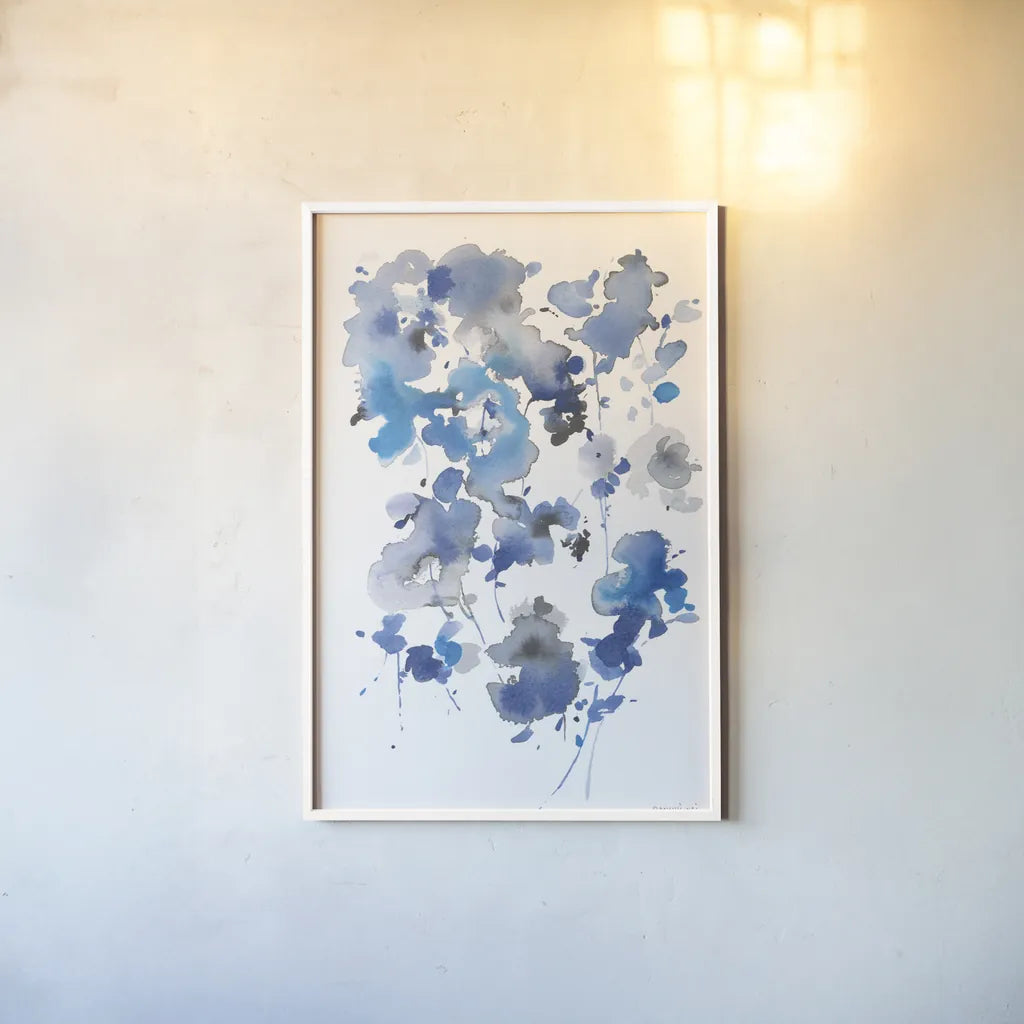 Cascading Petals II by Danhui Nai. shown as a paper print in a white frame. Available as a archival giclee rolled canvas, fine art paper, or poster print. SKU 68222h.