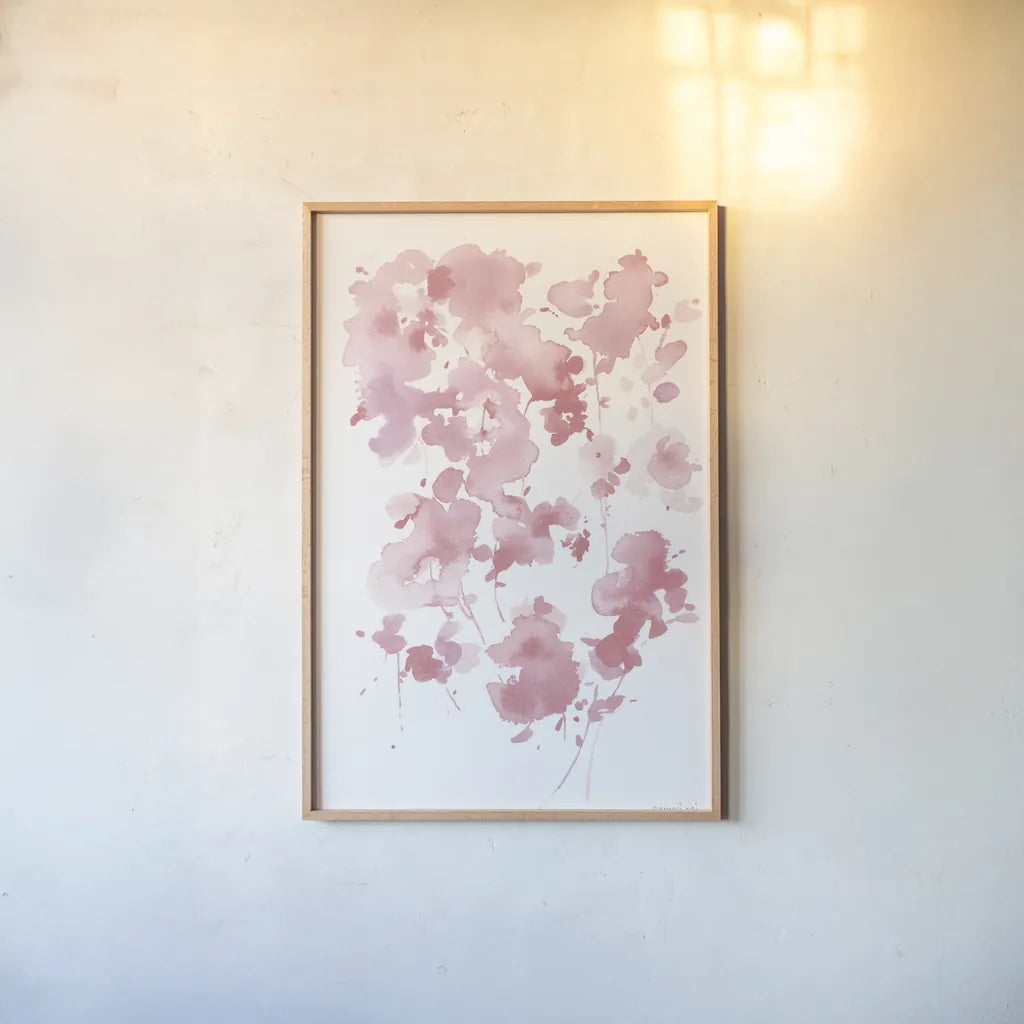 Cascading Petals II Pink by Danhui Nai. shown as a paper print in a natural frame. Available as a archival giclee rolled canvas, fine art paper, or poster print. SKU 74159h.