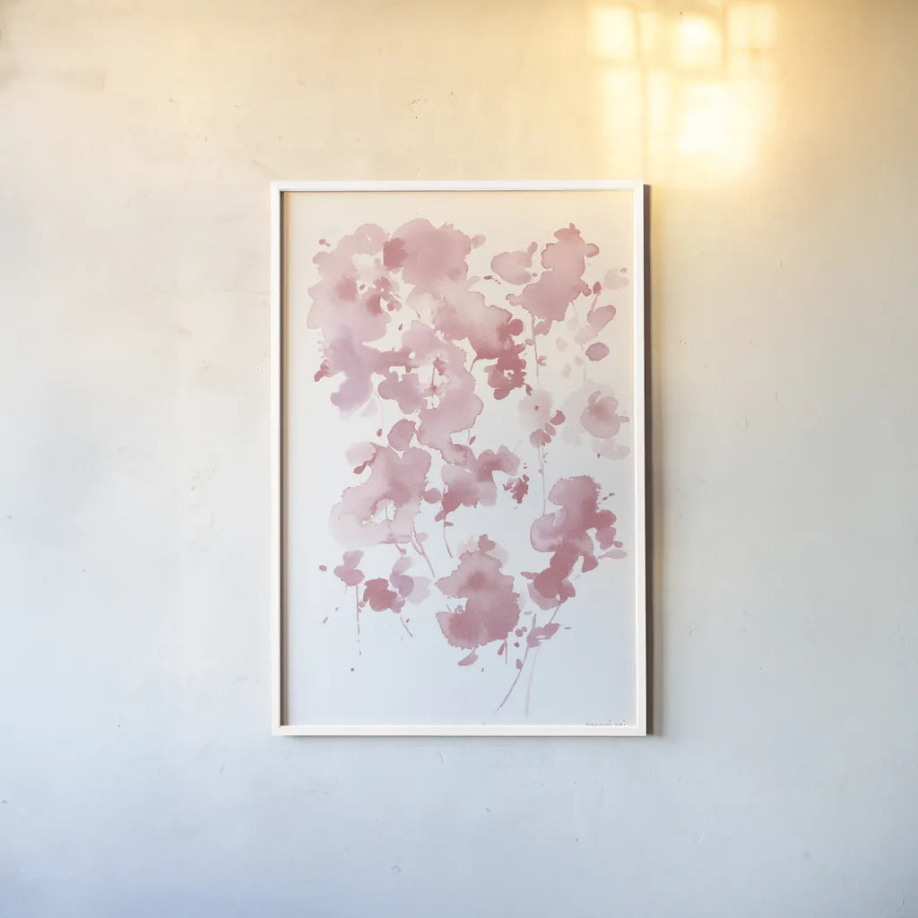 Cascading Petals II Pink by Danhui Nai. shown as a paper print in a white frame. Available as a archival giclee rolled canvas, fine art paper, or poster print. SKU 74159h.