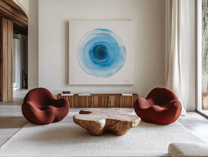 Center of Blue I by Danhui Nai. Shown as extra-large giant wall art in a modern living room. Available as an archival giclee rolled canvas, fine art paper, or poster print. SKU 76093a.