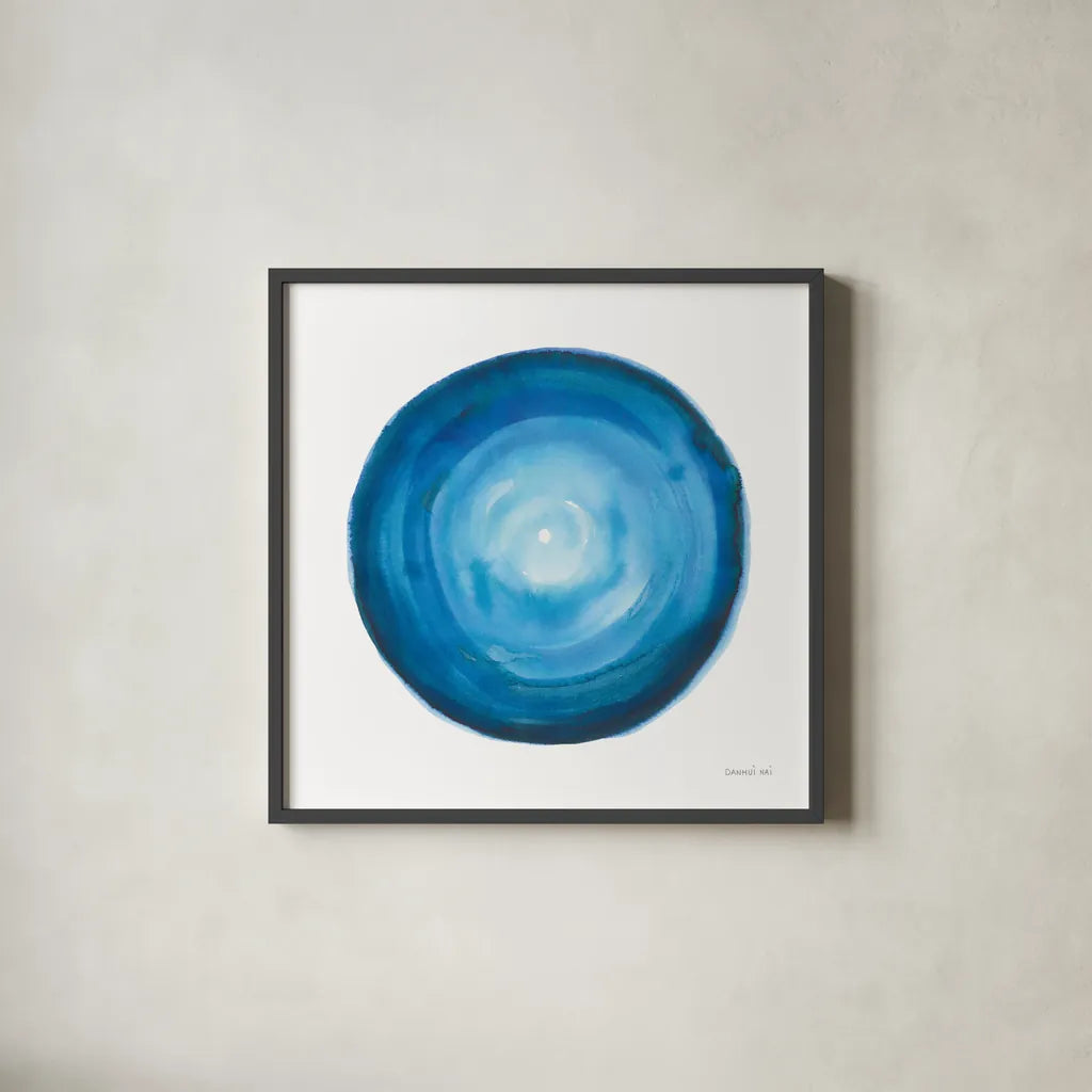 Center of Blue II by Danhui Nai. Shown in a sleek black glass frame for a contemporary gallery look. Available as an archival giclee rolled canvas, fine art paper, or poster print. SKU 76094a.