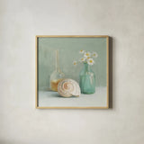 Chamomille Spa by Danhui Nai. Shown in a natural wood glass frame for a timeless modern aesthetic. Available as an archival giclee rolled canvas, fine art paper, or poster print. SKU 5596a.