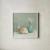 Chamomille Spa by Danhui Nai. Shown in a crisp white glass frame for a clean and minimalist style. Available as an archival giclee rolled canvas, fine art paper, or poster print. SKU 5596a.
