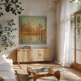 Champagne City by Danhui Nai. Shown in a natural wood frame in a cozy modern living room. Available as an archival giclee rolled canvas, fine art paper, or poster print. SKU 23906a.