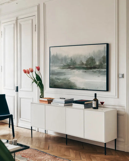 Channel by Danhui Nai. shown as a framed stretched canvas in a living room above a console. Available as a archival giclee rolled canvas, fine art paper, or poster print. SKU 88434i.