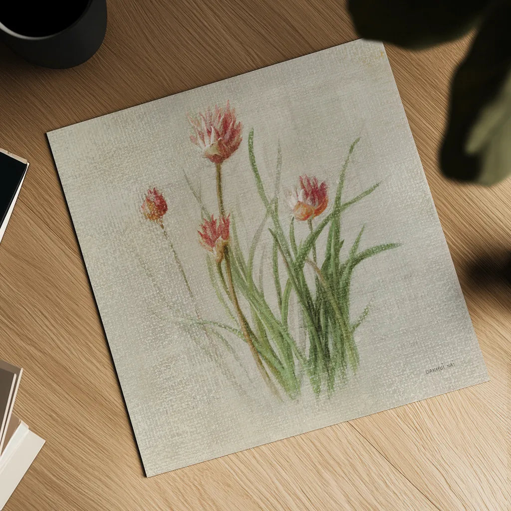 Chives by Danhui Nai. Shown as a detailed flat fine art print, highlighting archival giclee quality. Available as an archival giclee rolled canvas, fine art paper, or poster print. SKU 100973a.