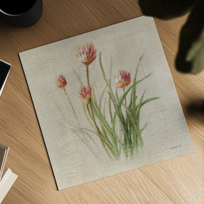 Chives by Danhui Nai. Shown as a detailed flat fine art print, highlighting archival giclee quality. Available as an archival giclee rolled canvas, fine art paper, or poster print. SKU 100973a.