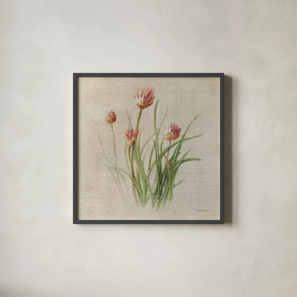 Chives by Danhui Nai. Shown in a sleek black glass frame for a contemporary gallery look. Available as an archival giclee rolled canvas, fine art paper, or poster print. SKU 100973a.
