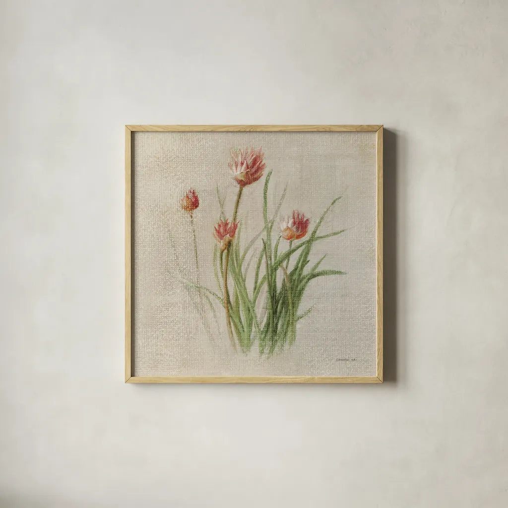 Chives by Danhui Nai. Shown in a natural wood glass frame for a timeless modern aesthetic. Available as an archival giclee rolled canvas, fine art paper, or poster print. SKU 100973a.