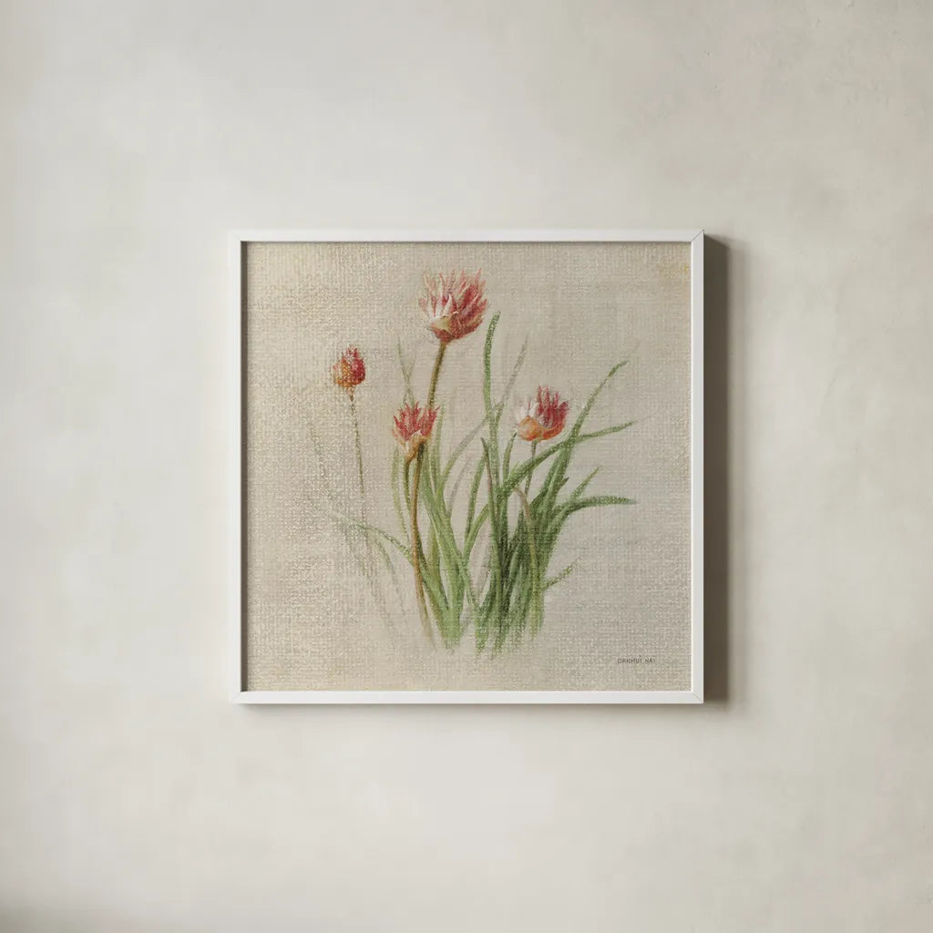 Chives by Danhui Nai. Shown in a crisp white glass frame for a clean and minimalist style. Available as an archival giclee rolled canvas, fine art paper, or poster print. SKU 100973a.