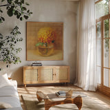 Chrysanthemum in Glass by Danhui Nai. Shown in a natural wood frame in a cozy modern living room. Available as an archival giclee rolled canvas, fine art paper, or poster print. SKU 5322a.