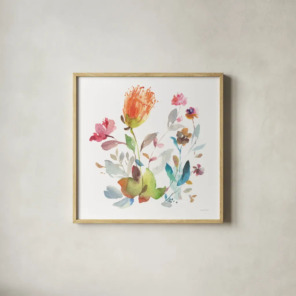 Circle Full of Flowers I by Danhui Nai. Shown in a natural wood glass frame for a timeless modern aesthetic. Available as an archival giclee rolled canvas, fine art paper, or poster print. SKU 67303a.