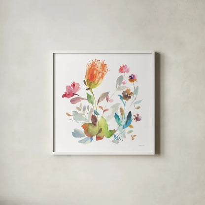 Circle Full of Flowers I by Danhui Nai. Shown in a crisp white glass frame for a clean and minimalist style. Available as an archival giclee rolled canvas, fine art paper, or poster print. SKU 67303a.