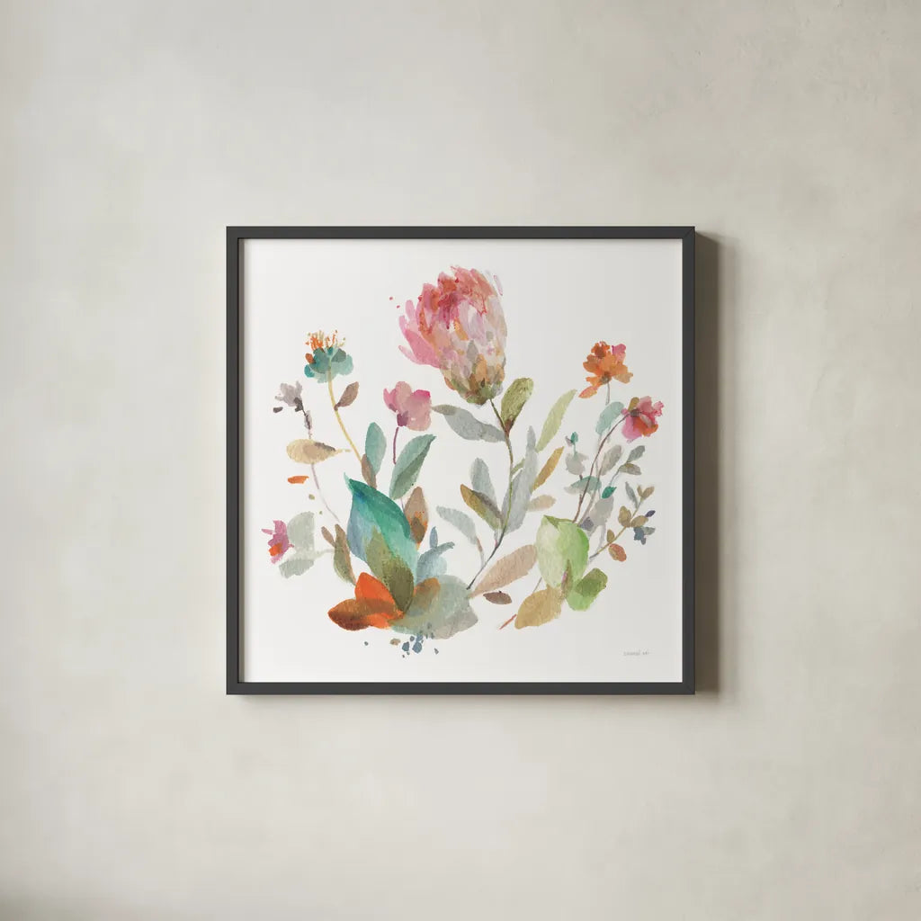 Circle Full of Flowers II by Danhui Nai. Shown in a sleek black glass frame for a contemporary gallery look. Available as an archival giclee rolled canvas, fine art paper, or poster print. SKU 67304a.
