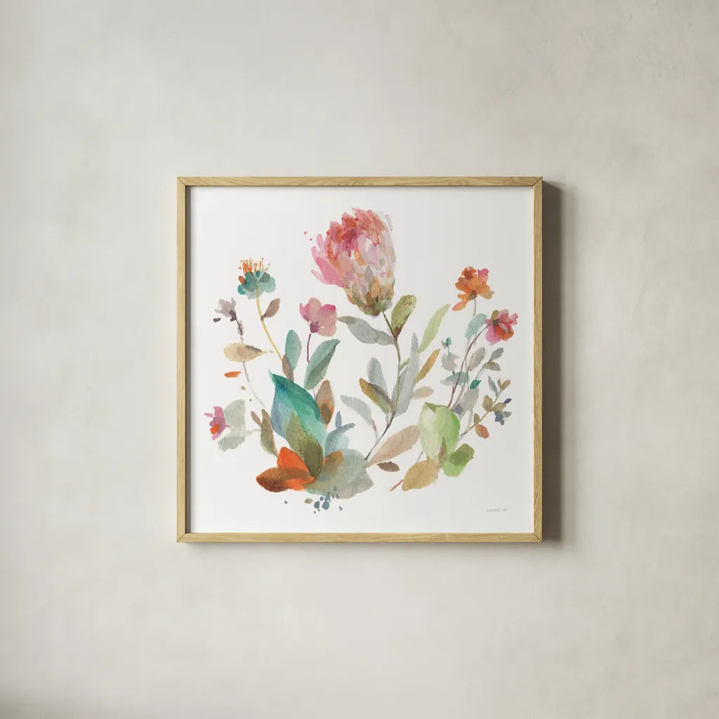 Circle Full of Flowers II by Danhui Nai. Shown in a natural wood glass frame for a timeless modern aesthetic. Available as an archival giclee rolled canvas, fine art paper, or poster print. SKU 67304a.