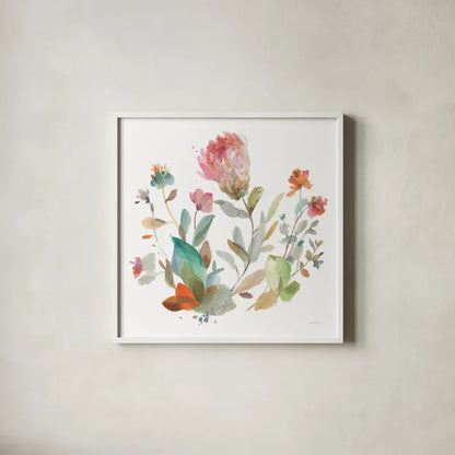 Circle Full of Flowers II by Danhui Nai. Shown in a crisp white glass frame for a clean and minimalist style. Available as an archival giclee rolled canvas, fine art paper, or poster print. SKU 67304a.