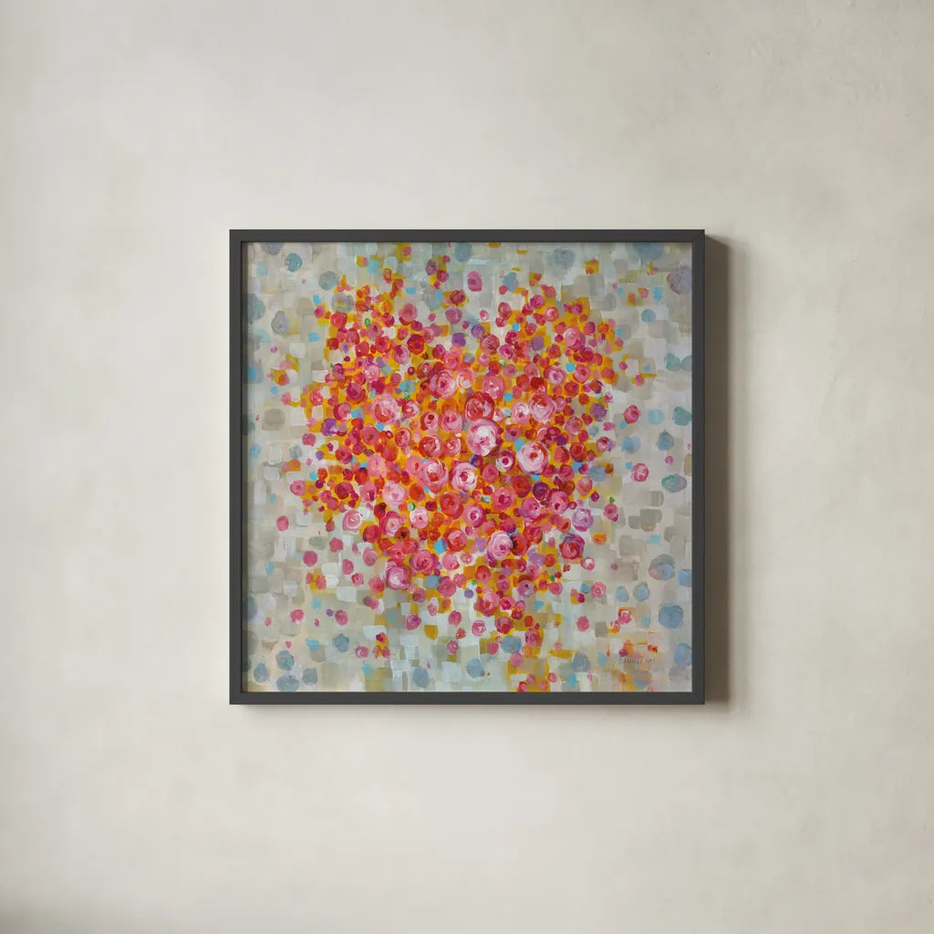 Circle of Hearts by Danhui Nai. Shown in a sleek black glass frame for a contemporary gallery look. Available as an archival giclee rolled canvas, fine art paper, or poster print. SKU 34626a.