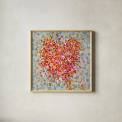 Circle of Hearts by Danhui Nai. Shown in a natural wood glass frame for a timeless modern aesthetic. Available as an archival giclee rolled canvas, fine art paper, or poster print. SKU 34626a.
