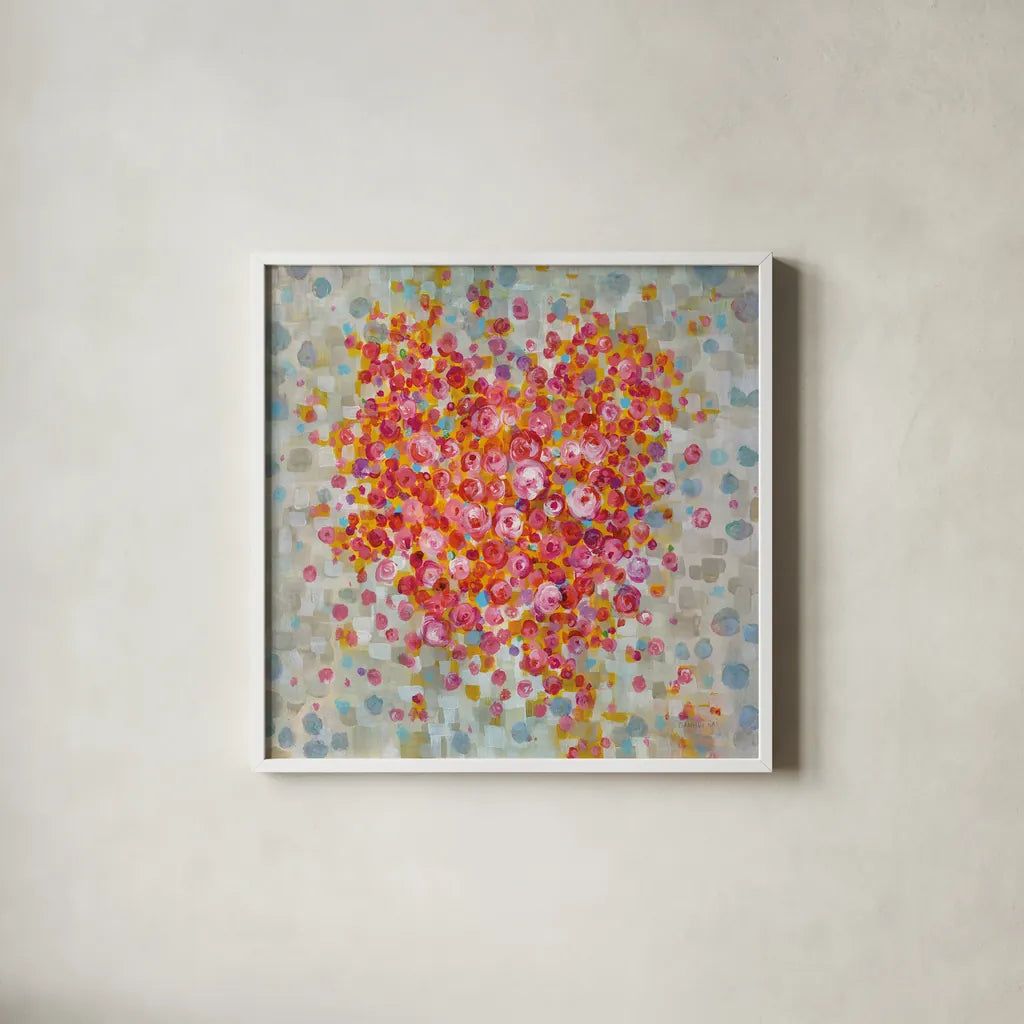 Circle of Hearts by Danhui Nai. Shown in a crisp white glass frame for a clean and minimalist style. Available as an archival giclee rolled canvas, fine art paper, or poster print. SKU 34626a.