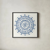Circle of Life I Indigo by Danhui Nai. Shown in a sleek black glass frame for a contemporary gallery look. Available as an archival giclee rolled canvas, fine art paper, or poster print. SKU 83261a.