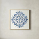 Circle of Life I Indigo by Danhui Nai. Shown in a natural wood glass frame for a timeless modern aesthetic. Available as an archival giclee rolled canvas, fine art paper, or poster print. SKU 83261a.