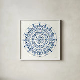Circle of Life I Indigo by Danhui Nai. Shown in a crisp white glass frame for a clean and minimalist style. Available as an archival giclee rolled canvas, fine art paper, or poster print. SKU 83261a.