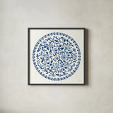 Circle of Life II Indigo by Danhui Nai. Shown in a sleek black glass frame for a contemporary gallery look. Available as an archival giclee rolled canvas, fine art paper, or poster print. SKU 83262a.