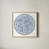 Circle of Life II Indigo by Danhui Nai. Shown in a natural wood glass frame for a timeless modern aesthetic. Available as an archival giclee rolled canvas, fine art paper, or poster print. SKU 83262a.