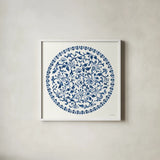 Circle of Life II Indigo by Danhui Nai. Shown in a crisp white glass frame for a clean and minimalist style. Available as an archival giclee rolled canvas, fine art paper, or poster print. SKU 83262a.