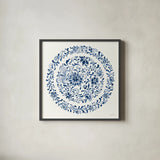 Circle of Life III Indigo by Danhui Nai. Shown in a sleek black glass frame for a contemporary gallery look. Available as an archival giclee rolled canvas, fine art paper, or poster print. SKU 83263a.