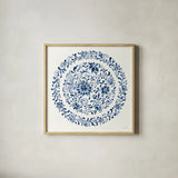 Circle of Life III Indigo by Danhui Nai. Shown in a natural wood glass frame for a timeless modern aesthetic. Available as an archival giclee rolled canvas, fine art paper, or poster print. SKU 83263a.
