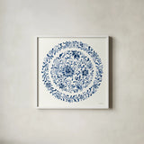 Circle of Life III Indigo by Danhui Nai. Shown in a crisp white glass frame for a clean and minimalist style. Available as an archival giclee rolled canvas, fine art paper, or poster print. SKU 83263a.
