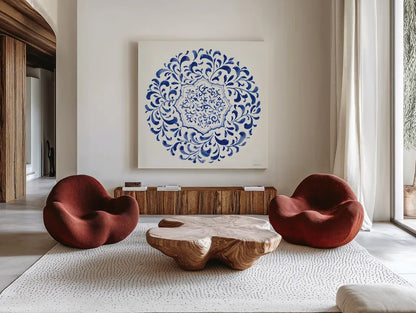 Circle of Life IV by Danhui Nai. Shown as extra-large giant wall art in a modern living room. Available as an archival giclee rolled canvas, fine art paper, or poster print. SKU 79460a.