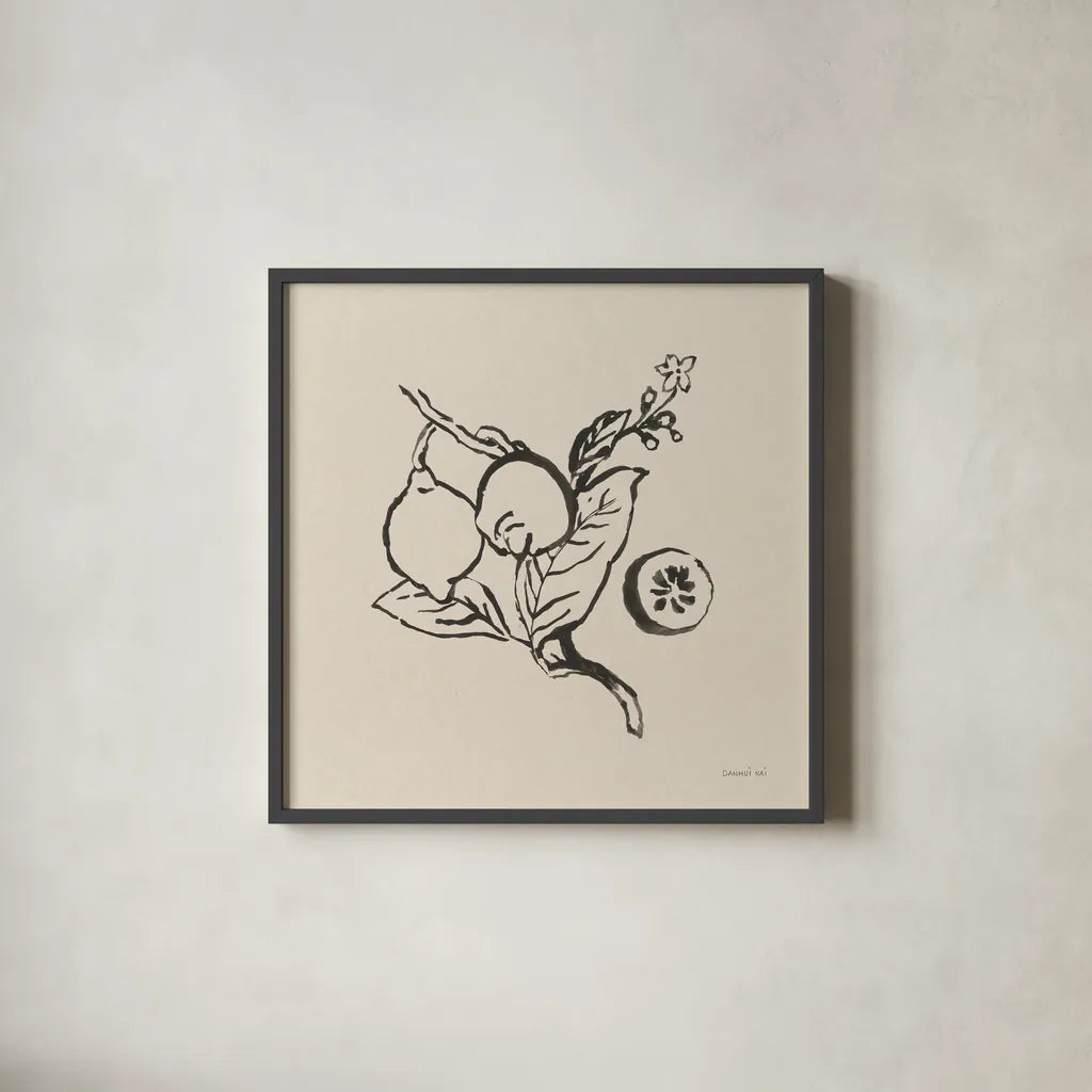 Citrus Summer II by Danhui Nai. Shown in a sleek black glass frame for a contemporary gallery look. Available as an archival giclee rolled canvas, fine art paper, or poster print. SKU 85205a.