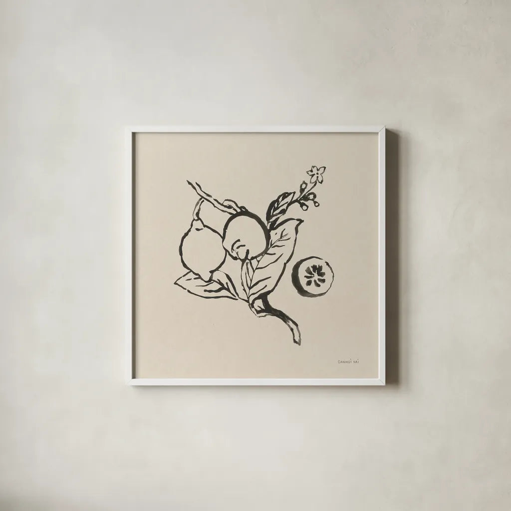 Citrus Summer II by Danhui Nai. Shown in a crisp white glass frame for a clean and minimalist style. Available as an archival giclee rolled canvas, fine art paper, or poster print. SKU 85205a.