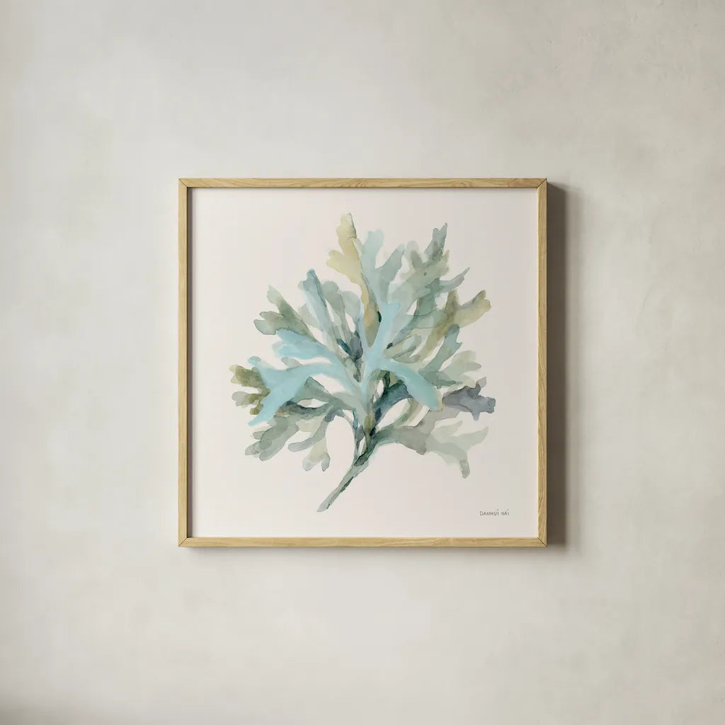 Coastal Bliss I by Danhui Nai. Shown in a natural wood glass frame for a timeless modern aesthetic. Available as an archival giclee rolled canvas, fine art paper, or poster print. SKU 91270a.