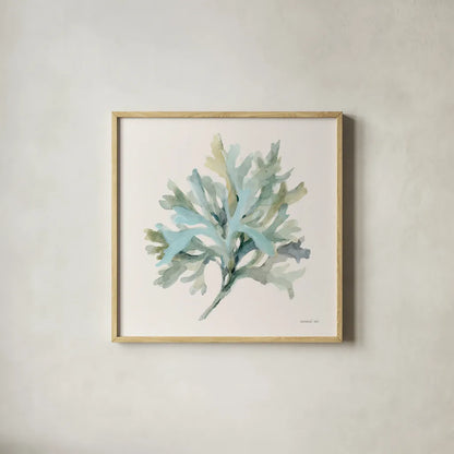 Coastal Bliss I by Danhui Nai. Shown in a natural wood glass frame for a timeless modern aesthetic. Available as an archival giclee rolled canvas, fine art paper, or poster print. SKU 91270a.