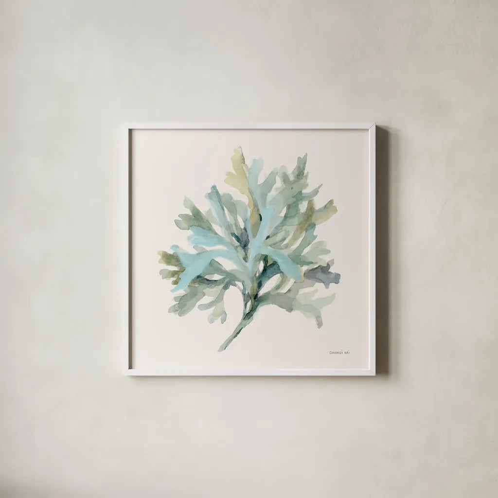 Coastal Bliss I by Danhui Nai. Shown in a crisp white glass frame for a clean and minimalist style. Available as an archival giclee rolled canvas, fine art paper, or poster print. SKU 91270a.