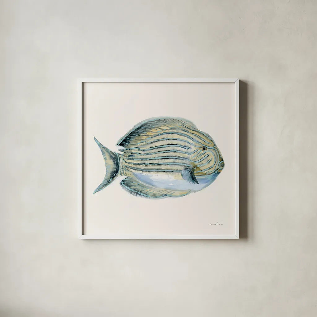 Coastal Bliss III by Danhui Nai. Shown in a crisp white glass frame for a clean and minimalist style. Available as an archival giclee rolled canvas, fine art paper, or poster print. SKU 91272a.