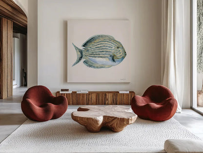 Coastal Bliss III by Danhui Nai. Shown as extra-large giant wall art in a modern living room. Available as an archival giclee rolled canvas, fine art paper, or poster print. SKU 91272a.