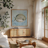 Coastal Bliss III v2 by Danhui Nai. Shown in a natural wood frame in a cozy modern living room. Available as an archival giclee rolled canvas, fine art paper, or poster print. SKU 97038a.
