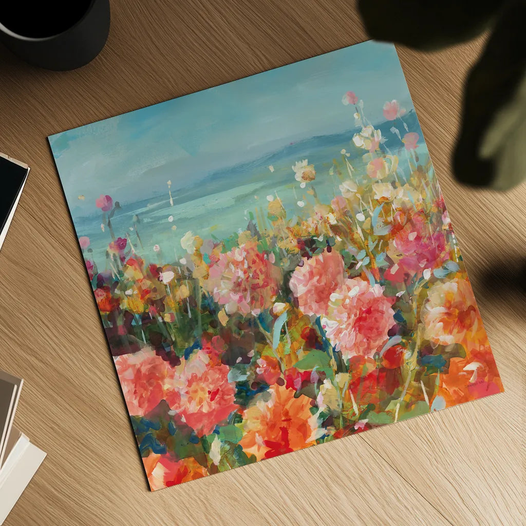 Coastal Dahlias by Danhui Nai. Shown as a detailed flat fine art print, highlighting archival giclee quality. Available as an archival giclee rolled canvas, fine art paper, or poster print. SKU 78723a.