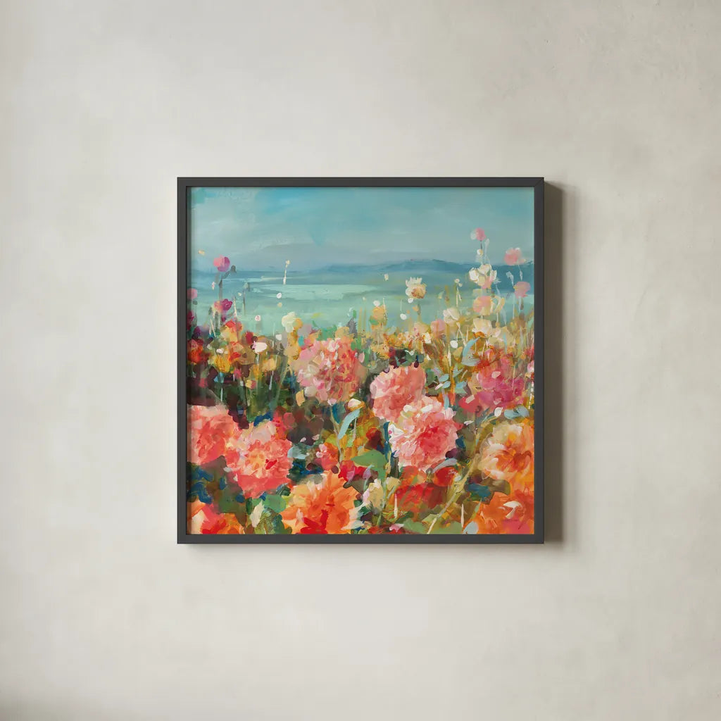 Coastal Dahlias by Danhui Nai. Shown in a sleek black glass frame for a contemporary gallery look. Available as an archival giclee rolled canvas, fine art paper, or poster print. SKU 78723a.