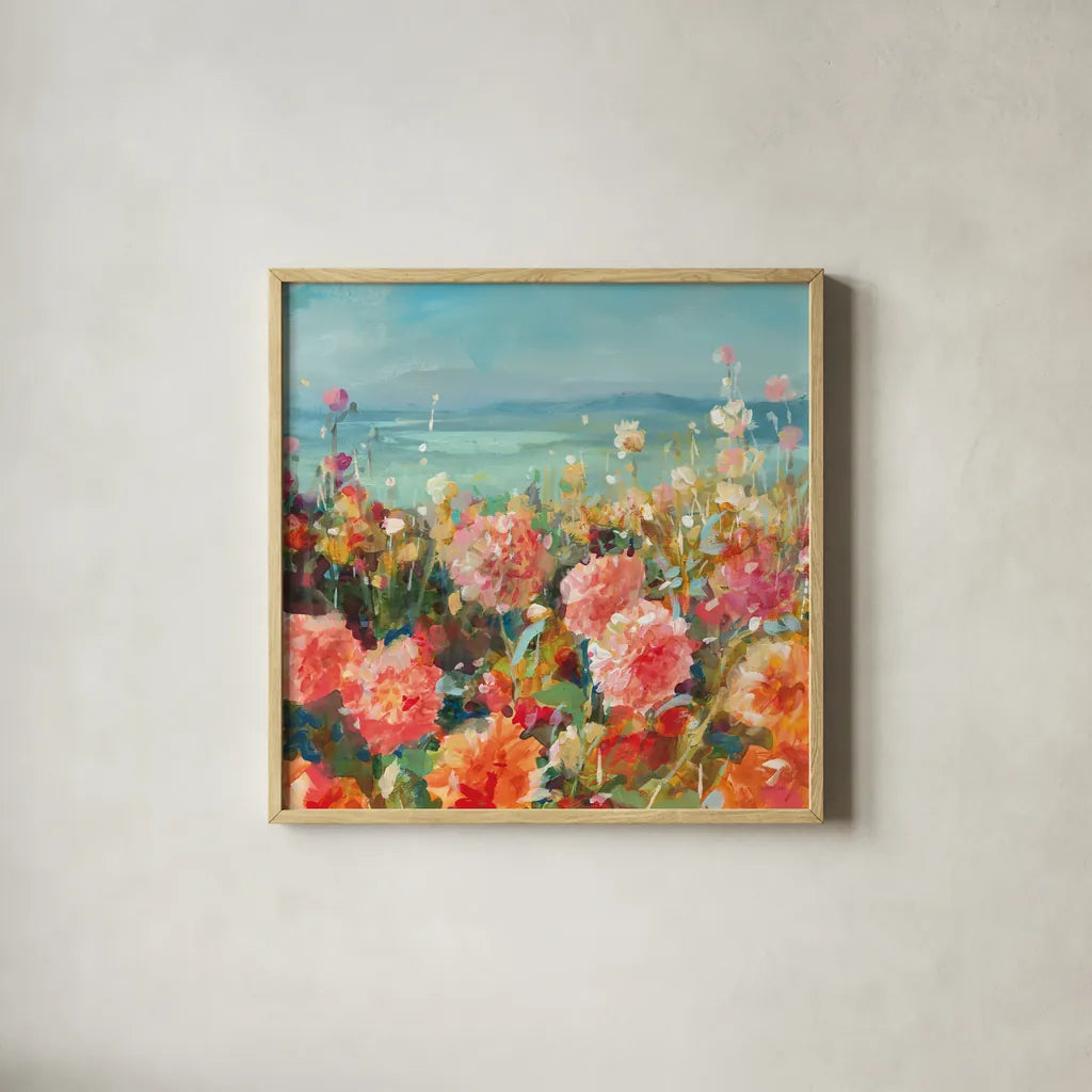 Coastal Dahlias by Danhui Nai. Shown in a natural wood glass frame for a timeless modern aesthetic. Available as an archival giclee rolled canvas, fine art paper, or poster print. SKU 78723a.