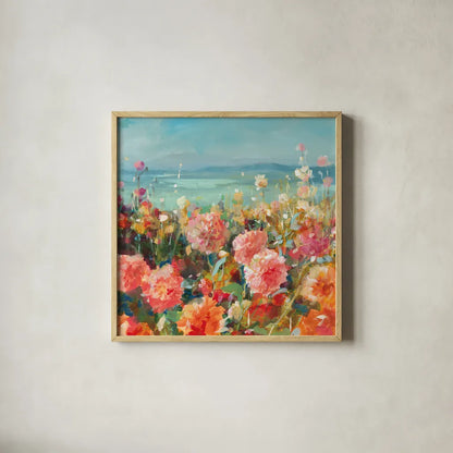 Coastal Dahlias by Danhui Nai. Shown in a natural wood glass frame for a timeless modern aesthetic. Available as an archival giclee rolled canvas, fine art paper, or poster print. SKU 78723a.