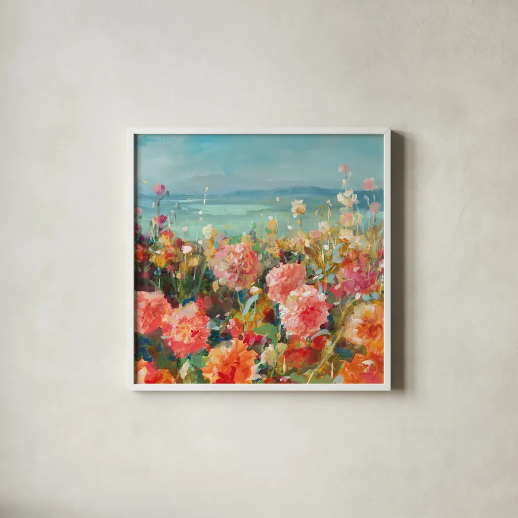 Coastal Dahlias by Danhui Nai. Shown in a crisp white glass frame for a clean and minimalist style. Available as an archival giclee rolled canvas, fine art paper, or poster print. SKU 78723a.