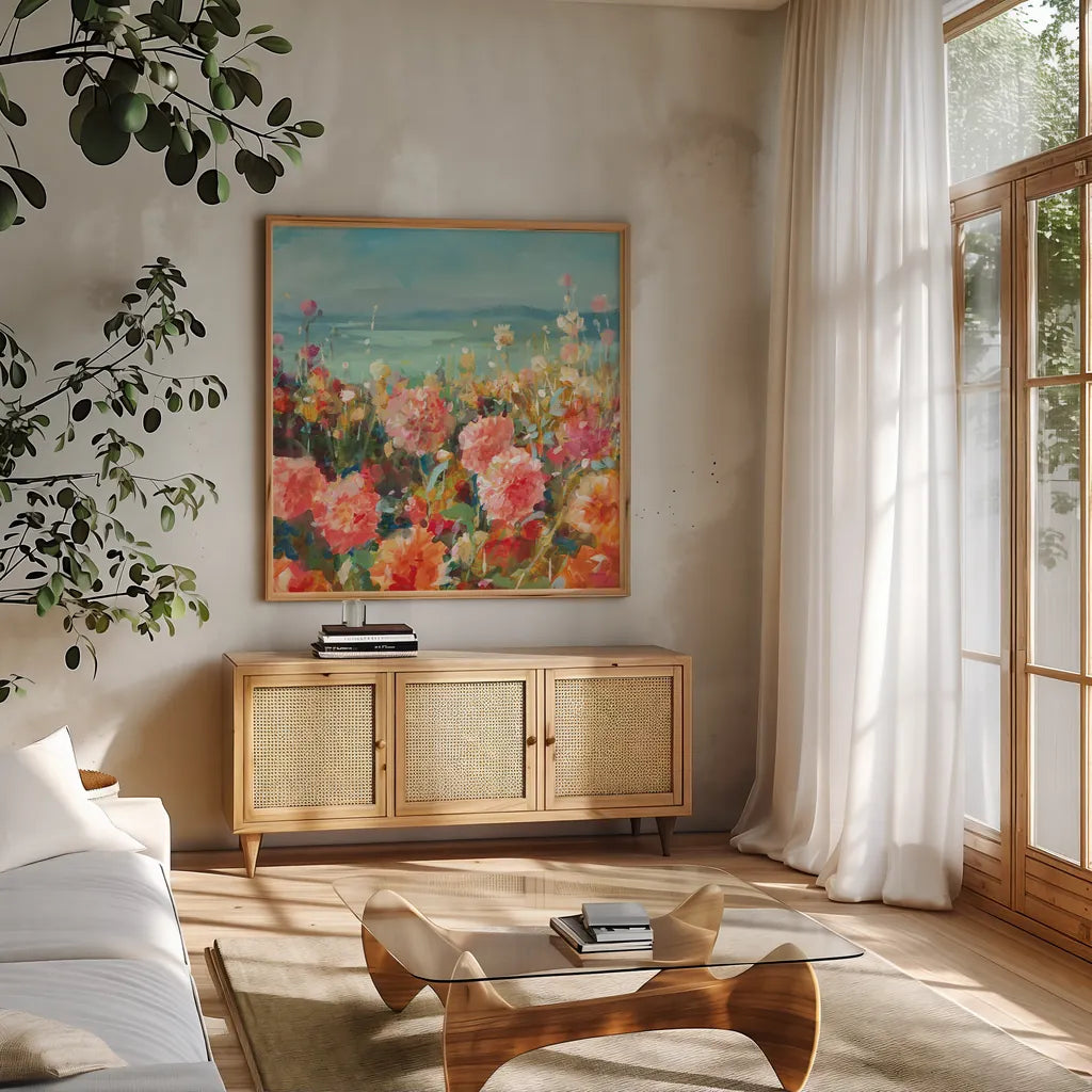 Coastal Dahlias by Danhui Nai. Shown in a natural wood frame in a cozy modern living room. Available as an archival giclee rolled canvas, fine art paper, or poster print. SKU 78723a.