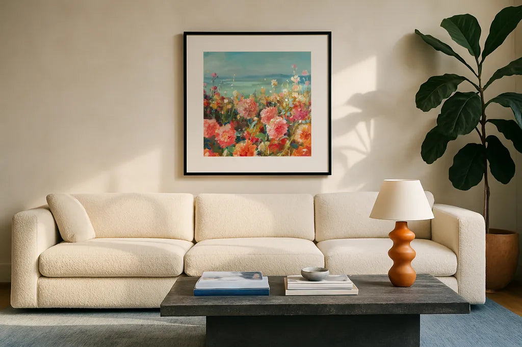 Coastal Dahlias by Danhui Nai. Displayed in a glass frame with matte in a clean modern living room. Available as an archival giclee rolled canvas, fine art paper, or poster print. SKU 78723a.